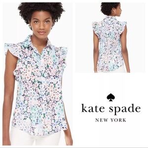 Kate Spade Daisy Garden Ruffle Sleeve Top Floral Button Up Shirt Blouse XS